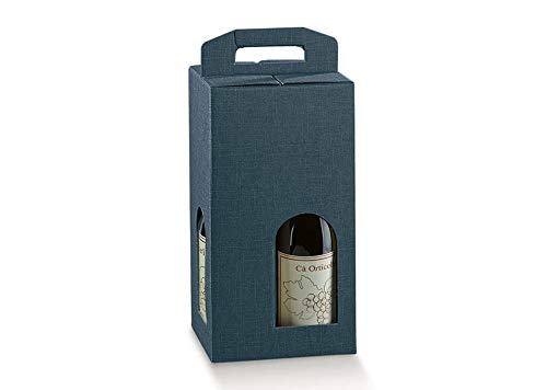 5 cajas azules para 4 botellas de vino verticales modelo Bordolés, bolgote robustas y extrañas navideñas, cartón acoplado y asa exterior 18 x 18 x 34 cm, 4 azules.