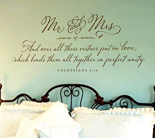 Adhesivo decorativo para pared de dormitorio con texto en inglés «Mr. and Mrs» y «Over All This Virtues Put on Love Colosenss 314 Christian Wall Sticker»
