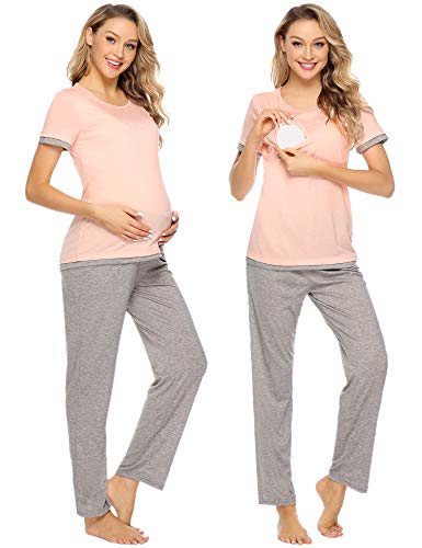 Aibrou Camisón Premamá y Pijama Lactancia Algodon Casual Ropa de Embarazada Manga Corta Vestido de Maternidad para Mujer