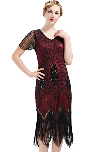 ArtiDeco - Vestido de mujer estilo años 20 con mangas cortas, disfraz de Gatsby para fiestas temáticas rojo/negro S