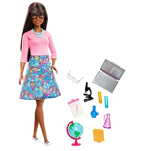 Barbie GDJ35 GDJ35 - Muñeca Profesora con 10 Accesorios educativos, Incluyendo Globo Giratorio y Ordenador portátil, Juguete para niños