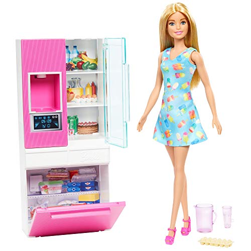 Barbie Refrigerador, accesorios para cocina con muñeca rubia  (Mattel GHL84)