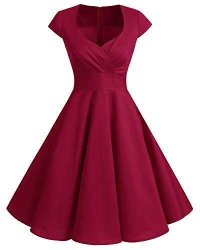 Bbonlinedress Vestido Corto Mujer Retro A?os 50 Vintage Escote En Pico Dark Red 2XL