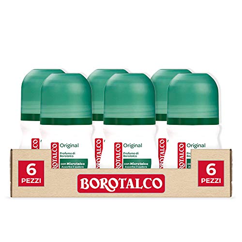 Borotalco, Desodorante Roll-On original con microtalco, absorbe el sudor, sin alcohol, 6 botes de 50 ml