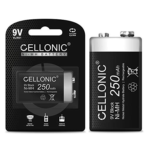 CELLONIC® baterías Recargables 9V - 250mAh - Vienen cargadas - Larga Vida y duración - 1x 9V / E Block / 6F22 / 6LR61 / AM-61 Bateria Pila Pilas