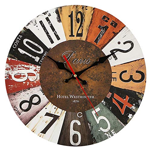 CIFFOST Reloj de Pared Retro, Reloj de Pared de 34 cm Reloj de Cocina Reloj de Cuarzo nostálgico Antiguo Pasado de Moda y gastado Hecho de MDF con Resorte silencioso-Estilo 9