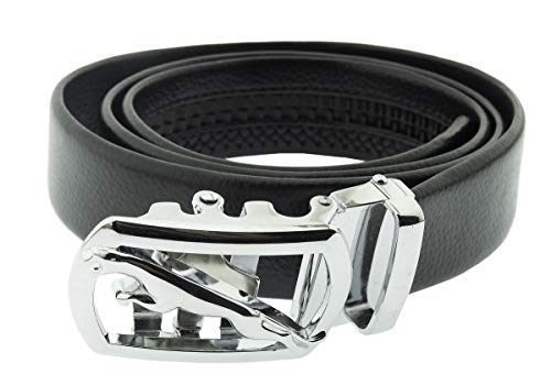 Cinturón para hombre hebilla automática - deslizante - jaguar - automóvil - hebilla plateada - imitación cuero - color negro - idea de regalo original - 120 cm