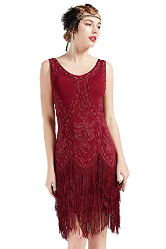 Coucoland Vestido de Noche Art Déco con Lentejuelas y Lentejuelas de los años 20 Vestido de Mujer con Aletas de los años 20 Gran Disfraz de Gatsby (Vino Rojo, XXXL)