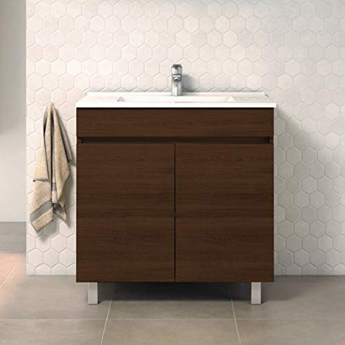 CTESI Mueble de baño con Lavabo de Porcelana - con 2 Puertas - El Mueble va MONTADO - Modelo Luup (80 cms, Tea)