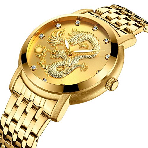 DAUERHAFT Reloj de Pulsera de Cuarzo Profesional Biden Dragon Trendy, Moderno, Regalo para Tus Amigos, Familiares o para ti Mismo.(Oro)