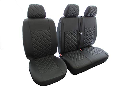 Designet para fundas de asiento de piel ecológica 2+1 (1 individual 1 doble) color negro para Volkswagen Transporter T5 T6 después de 2004 conducción por mano izquierda o derecha.
