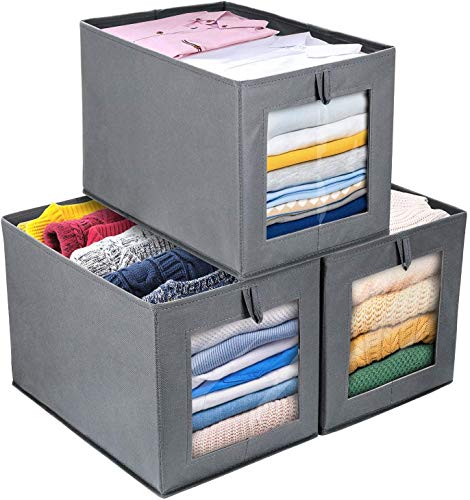 DIMJ Cajas de almacenaje Plegable, Conjunto de 3 Cajas Organizadoras Tela, Cubos de Almacenamiento con Ventana Transparente, Organizadores de Contenedore para Ropa Juguetes Libros (Gris)