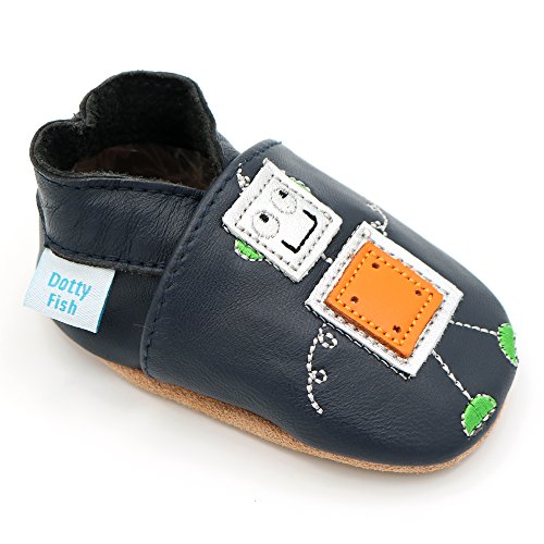 Dotty Fish Zapatos de Cuero Suave para bebés. Antideslizante. Azul Marino con Robot Plateado. 6-12 Meses (19 EU)