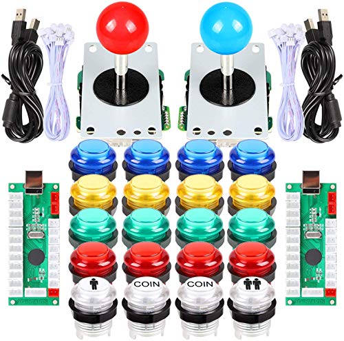 EG STARTS Arcade Classic DIY Kit Part 2x USB LED Encoder para PC Juegos Consols + 2x 4/8 Ways Joystick + 20x 5V Botones iluminados para Mame Jamma Raspberry pi (botones rojo / azul Stick + MIX Color)