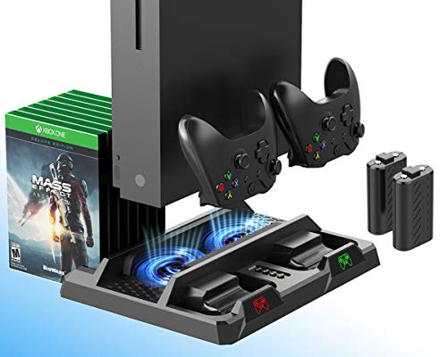 ElecGear Xbox One Soporte Vertical y Ventilador de Refrigeración, 2X Baterías Recargables de 1200mAh para Controlador, Estación de Carga Cargador con Juegos Almacenamiento para Xbox One, S, X y Elite