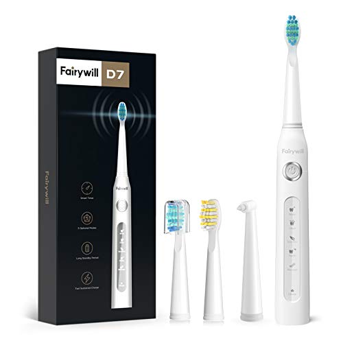 Fairywill UltraSonic Powered Electric Toothbrush ADA Accepted with 5 Modes, Timer, 4 Brush Heads, Rechargeable with One 4 Hr Charge Last 30 Days, Whitening Toothbrush for Adults White