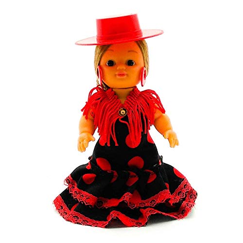 Folk Artesanía Muñeca artesana de 15 cm con Vestido Regional típico Andaluza Sombrero Cordobesa (Rojo Lunar Negro)