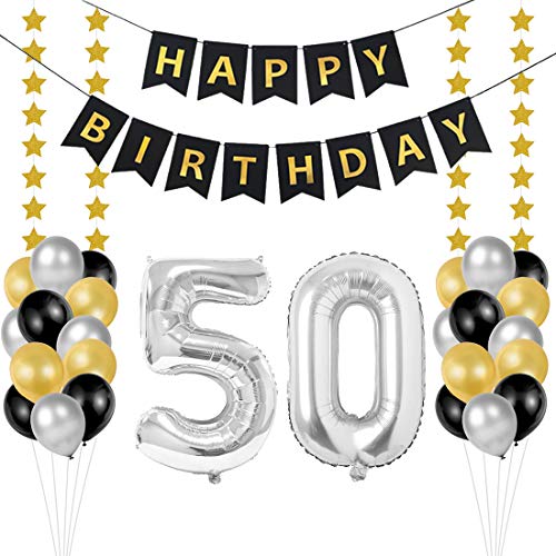 Globos 50 Cumpleaños, decoracion 50 años, Happy Birthday Bandera Feliz Cumpleaños 50 Años, Número 50 Globos de Papel Plata para Hombres y Mujeres Adultos Oro Negro Decoración de Fiesta