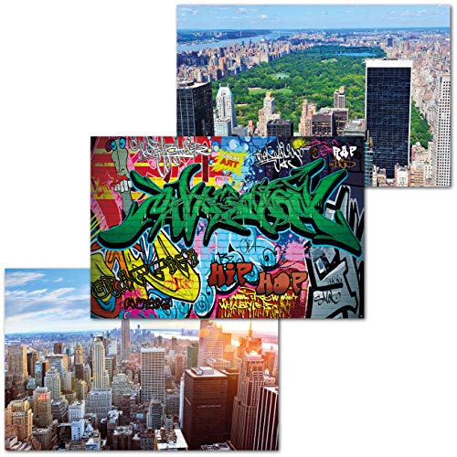 GREAT ART 3er Set XXL Poster Kinder Motive – City Feeling – New York Penthouse Sicht Graffiti Central Park Großstadt Skyline Dekor Inneneinrichtung Wandbild Plakat je 140 x 100 cm