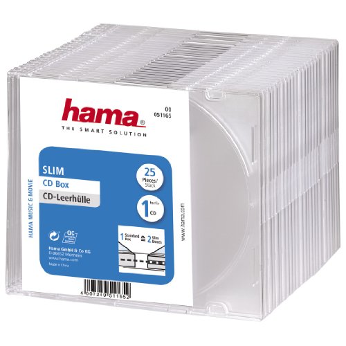 Hama CD Slim Box, 25 pcs./pack 1 discos Transparente - Fundas para discos ópticos (25 pcs./pack, 1 discos, Transparente, De plástico)
