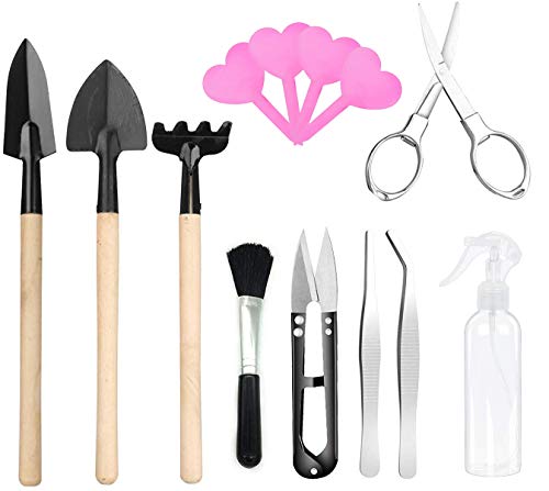 ho Kit de herramientas Bonsai para jardinería, mini herramientas para bonsais, incluye cortador, rastrillo, pala, pinzas, cepillo para la limpieza, botella de spray y etiqueta para plantas