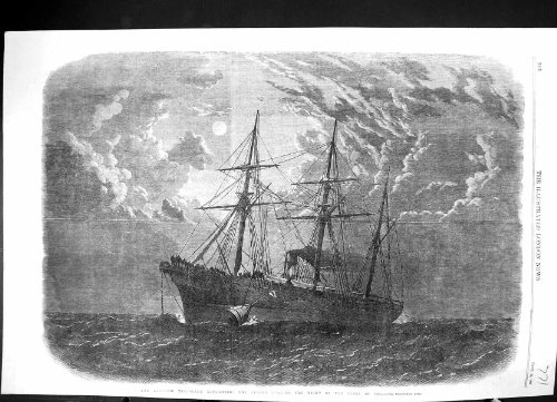 Impresión Antigua del Claro De Luna Buoying de la Nave del Cable de la Ensenada de Albany de la Expedición del Telégrafo de 1866 Atlántico