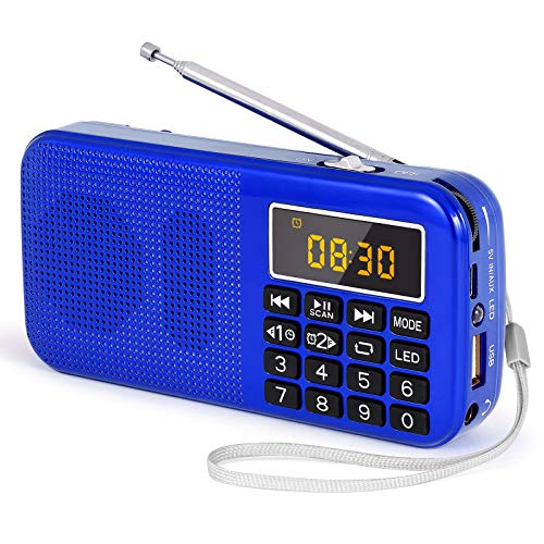 J-725C Radio FM portátil pequeña, Radio de batería Recargable Digital con Reloj Despertador, Linterna LED, Tiempo de reproducción ultralargo, Reproductor de MP3 AUX Micro-SD Pendrive, de PRUNUS(Azul)