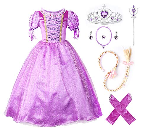 JerrisApparel Princesa Vestido de Fiesta niña de Disfraz Carnaval Morado (130cm, Morado con Accesorios)