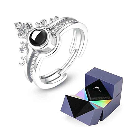Juyuntong Creative S925 Silver Ring and Puzzle Jewelry Box - I Love You Projection Ring in 100 Languages, Magic Cube Ring Box Rotating Jewelry Gift Box (Silver)