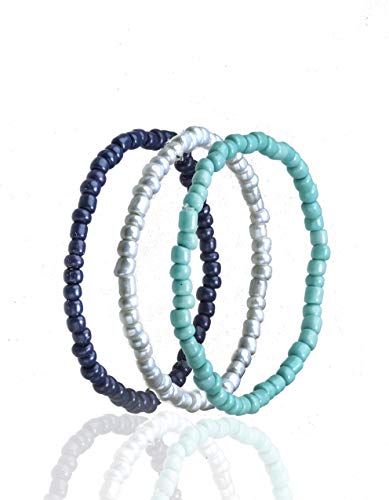 KB manufacture Juego de 3 pulseras de perlas de cristal de 4 mm, color turquesa, blanco y azul oscuro, hechas a mano