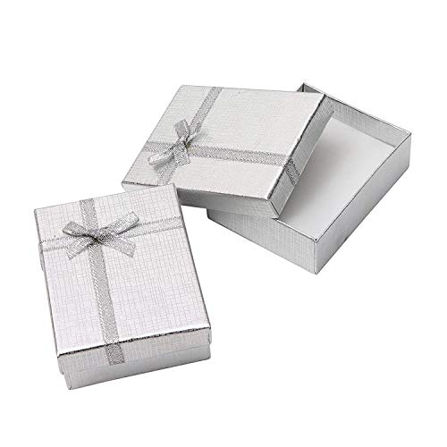 Kurtzy Cajas de Regalo Joyeria (Pack de 12) - (8,5x6,5x2,5cm) Cajas de Regalo con Inserto Espuma - Caja de Regalo de Presentación con Diseño de Lazo y Cinta para Collares y Pulseras (Plateado)