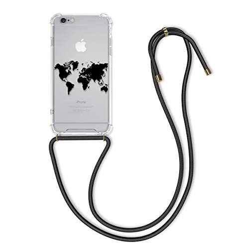 kwmobile Funda con Cuerda Compatible con Apple iPhone 6 Plus / 6S Plus - Carcasa de TPU con Colgante Mapa del Mundo Negro/Transparente