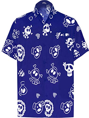 LA LEELA Casual Camisa de Hombre Hawaiana Manga Corta Bolsillo Delantero Playa Vintage Piratas Skeleton Esqueleto Calabaza Skulls Cráneo Cosplay Disfraces De Fiesta De Halloween Costume Azul_W189 XS