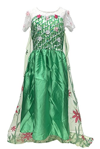 La Señorita Elsa Frozen Fever Vestido de Princesa para niña Capa Largo Disfraz Verde (9-10 años - 140, Verde) + Collar Frozen Gratuito