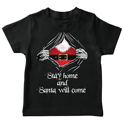 lepni.me Camiseta para Niños Quédese en Inicio Santa Claus vendrá en el 2020 Cuarentena Ropa de Navidad (5-6 Years Negro Multicolor)
