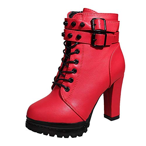 Logobeing Zapatos de Tacón Alto Botas Mujer Invierno Martain Boot Zapatos con Cordones de Cuero Botines Mujer Tacon Plataforma Zapatos (38,Rojo)