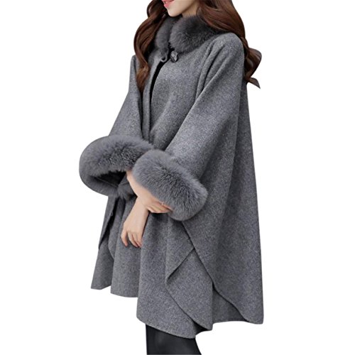 Longra Mujer Poncho - Chaquetas para Mujers, Mujer Invierno Abrigo de Capa de Lana Mezcla de Lana con Fur (Gris, L)