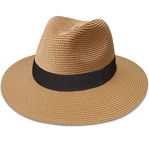 Maylisacc Sombrero de Paja Mujer Enrollable, 60cm Sombreros Panama Plegable Sombrero Fedora Paja de ala Ancha Vacaciones de Verano Proteccion Solar, Caqui
