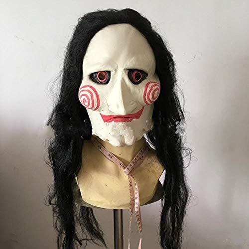 Meilijie Jigsaw Marioneta Máscaras Látex espeluznante Máscara Completa Miedo Prop Unisex Party Cosplay Suministros, pelo largo