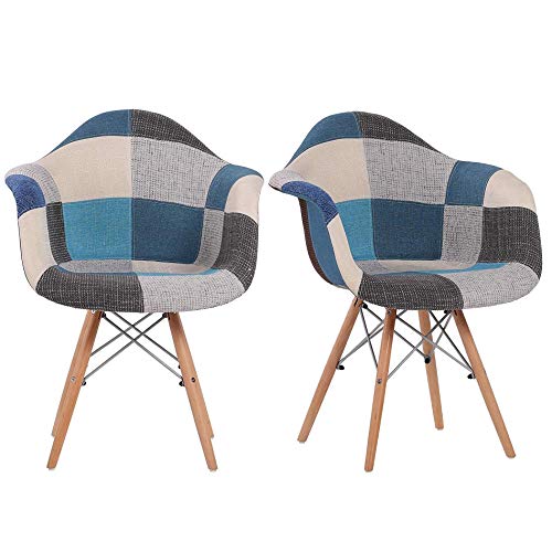 MUEBLES - Juego de 2 sillas de cocina modernas de mediados de siglo, de tela multicolor, estilo lino, silla de ocio moldeada con respaldo y patas de madera para comedor, dormitorio, sala de estar