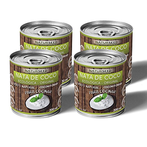 Naturseed - Nata de coco ecológica Original para cocinar, sin lactosa, sin aditivos, ni conservantes, 100% natural. Nata Vegetal (4x200ml)