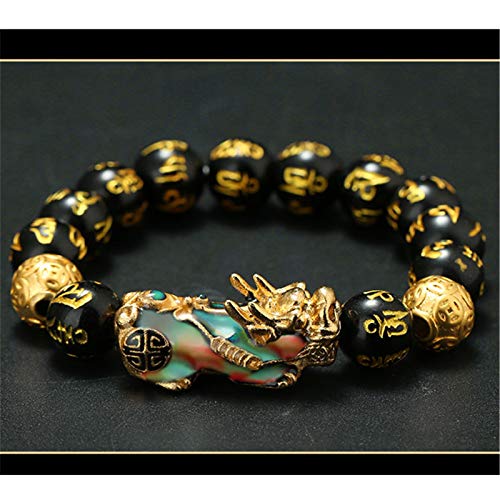 Negro Obsidiana Feng Shui riqueza pulsera pulsera Pixiu Chang color obsidiana naturales con corazón Sutra perlas oro prosperidad amuleto Atraer regalo brazalete de suerte para las mujeres/hombres