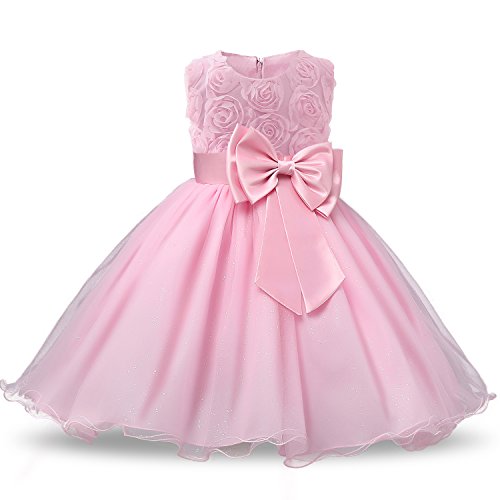 NNJXD Vestido de Fiesta de Princesa con Encaje de Flor de 3D sin Mangas para Niñas Talla(120) 3-4 Años Rosa