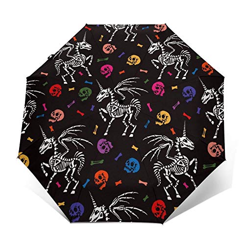 Paraguas Plegable Paraguas Automático De Lluvia Para Mujer, Paraguas De Tres Plegables, Esqueleto De Unicornio De Pegaso Con Cuerno Y Alas, Paraguas A Prueba De Viento