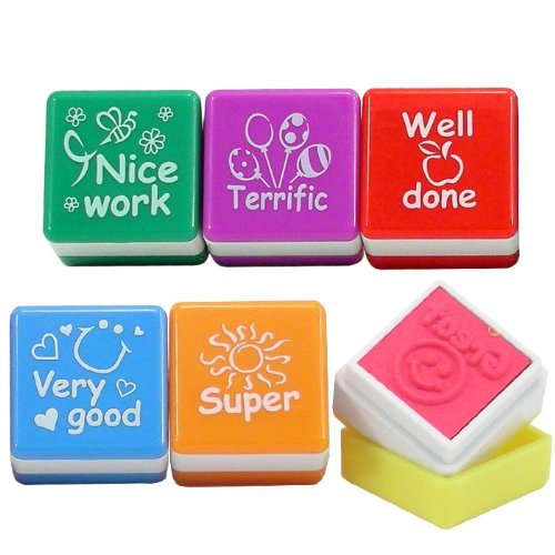 Playwrite - Set de 6 sellos de profesor con mensajes en inglés ("Well done", "Super", "Great", "Nice work", "Very good", "Terrific")