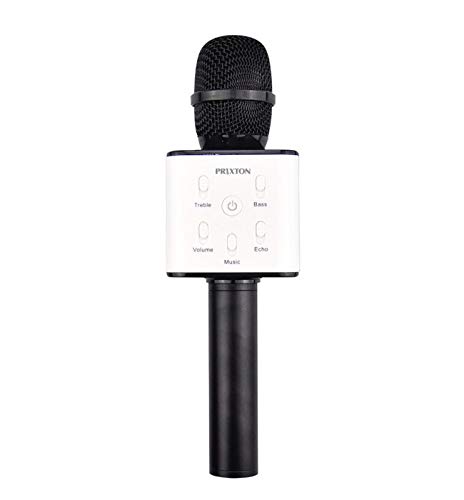 PRIXTON - Micrófono Inalámbrico Profesional, Funciona por Bluetooth y USB, Incluye 2 Altavoces y Función Karaoke, Color Negro