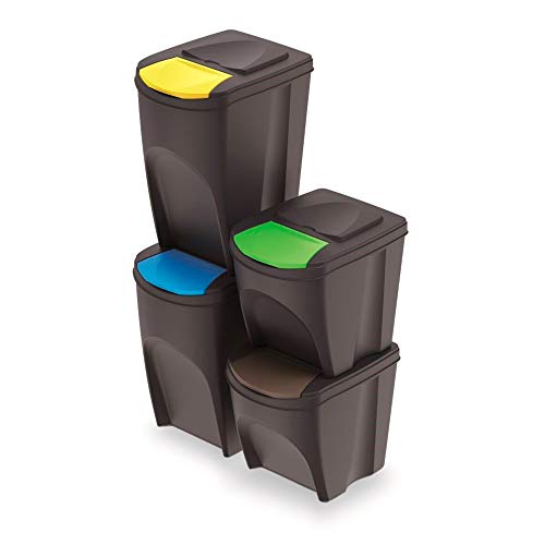 Prosperplast Juego de 4 Cubos de Reciclaje (2x35L y 2x25L) Sortibox de plastico en Color Antracita, 2 Grandes + 2 pequeños
