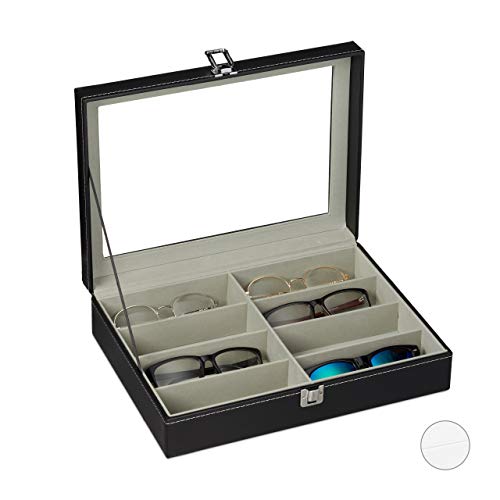 Relaxdays Caja Gafas con 8 Compartimentos, Organizador, 1 Ud, Cuero Sintético-Cristal, 8,5 x 33,5 x 24,5 cm, Negro