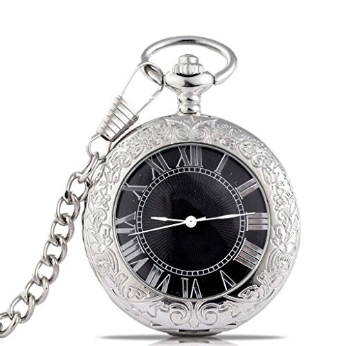 Reloj de bolsillo Reloj de bolsillo del collar del reloj Negro de plata tallado tirón reloj de bolsillo mecánico retro del reloj de bolsillo del Estudiante Escala romana regalo mecánico del reloj de c