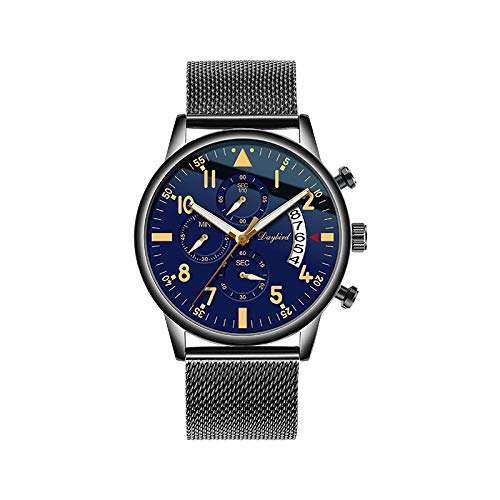 Relojes De Pulsera,Pilot's Watch Multifunción Trendy Business Quartz Watch, Caja Negra, Correa De Malla Azul